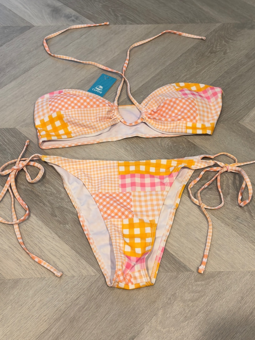 Cupshe Orange & Pink Gingham Patchwork Tie-Side Bikini